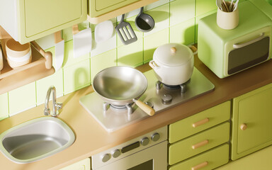 Kitchen room with cartoon style, 3d rendering.