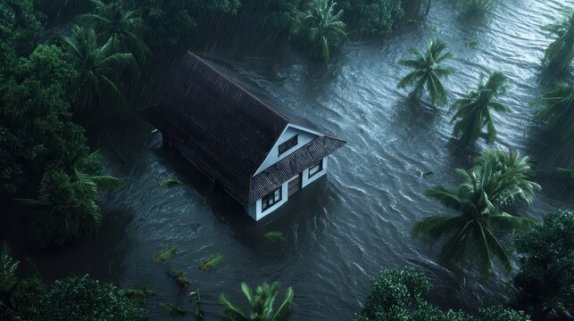Aerial view of a flooded house surrounded by tall trees and murky water.