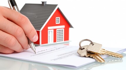 Couple signing mortgage agreement with house keys and model in view, symbolizing property loan approval, home ownership, and collateral assurance