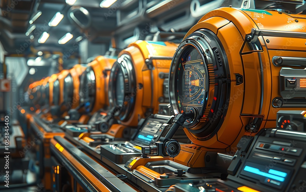Poster a futuristic scene featuring a row of high-tech, orange machinery with glowing interfaces, set in a 