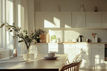 a front view of the kitchen from the dining table. clean and minimalist home interior. day time with bright and natural lighting