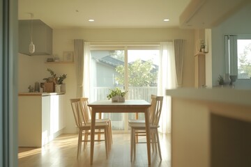 Fototapeta premium a front view of the kitchen from the dining table. clean and minimalist home interior. day time with bright and natural lighting