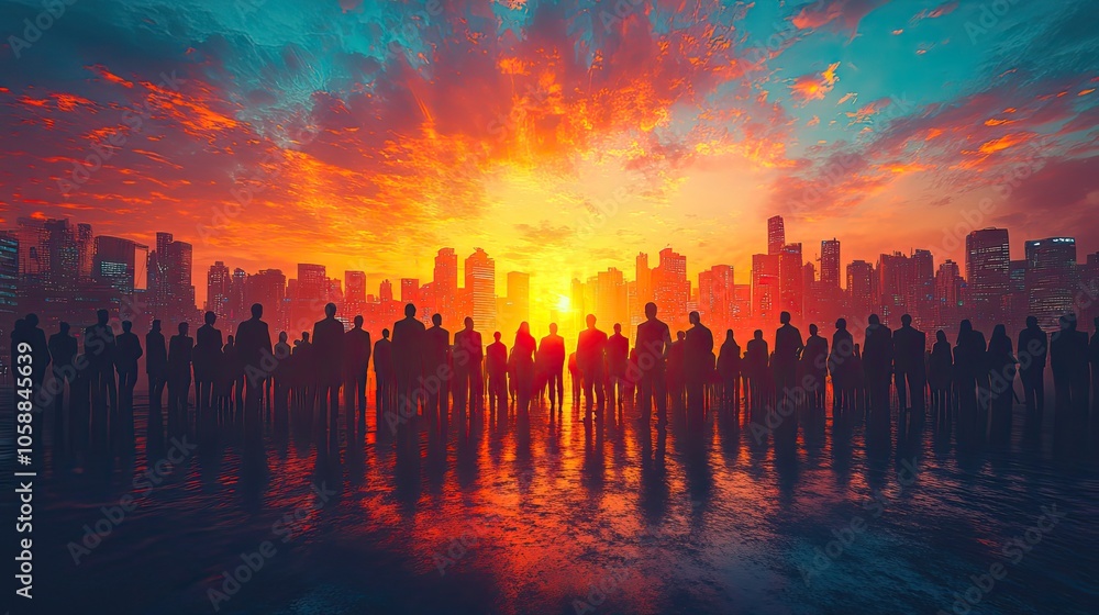 Poster silhouettes of businesspeople in front and behind crowd, representing unity and teamwork