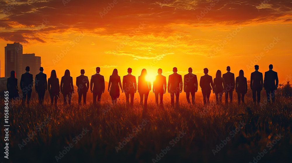 Poster silhouettes of businesspeople in front and behind crowd, representing unity and teamwork
