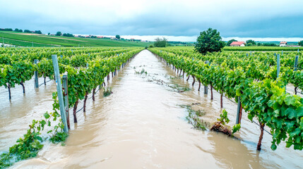 Naklejka premium Flooded vineyard, harvest loss, low quality wine, bad season