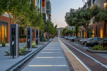 Obraz premium Rows of electric vehicle charging stations integrated with traditional parking lots