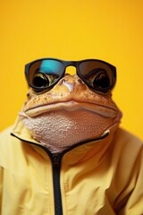 toad in black sunglasses in a tracksuit on a plain background. strong happy emotions. laughter. multi-colored background. 