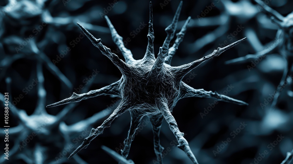 Poster close-up of a neuron depicting intricate structure and detail against a dark background.