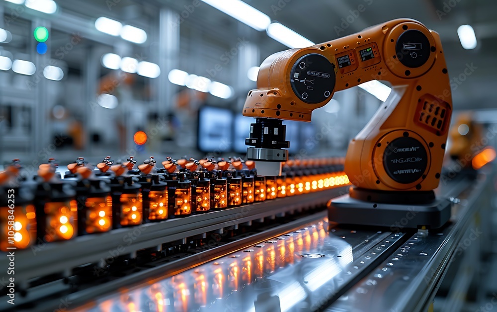 Poster A robotic arm operates on a factory assembly line, assembling components with precision amid a well-lit industrial setting.