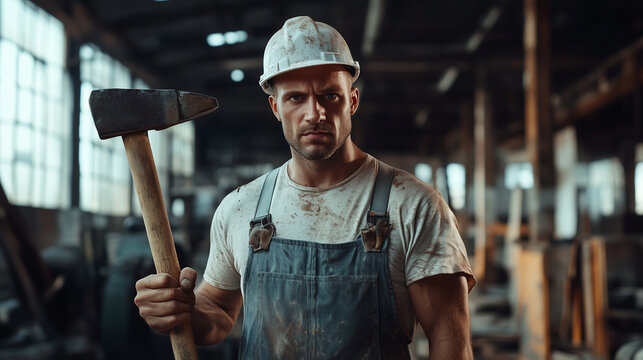 Serious male industrial worker posing with a sledgehammer, covered in dirt from a long day's work
