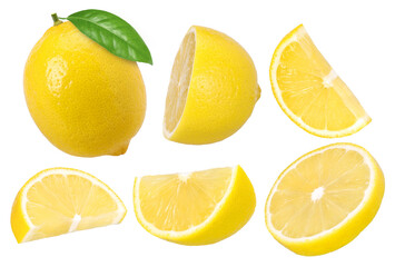 lemon fruit, slice and half isolated, transparent PNG, PNG format, cut out