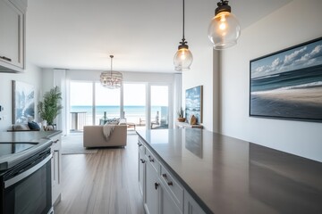 a high res photo of a white mordern kitchen with countertop and island , close up shoot of gray quartz countertop