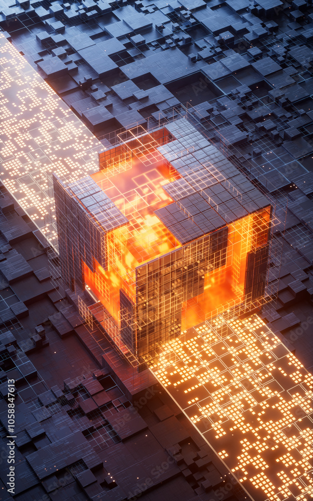 Poster technology circuit board and core, 3d rendering.