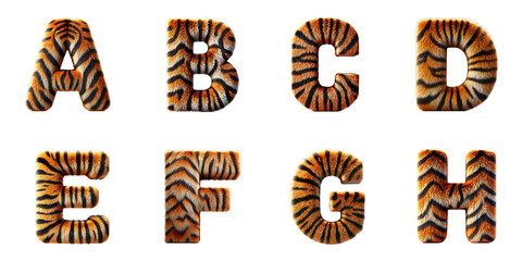Typography Design with Tiger Texture: Stylized Alphabet Letters A, B, C, D, E, F, G, H with Tiger Fur Pattern