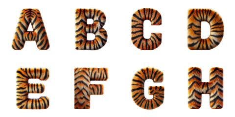 Typography Design with Tiger Texture: Stylized Alphabet Letters A, B, C, D, E, F, G, H with Tiger Fur Pattern