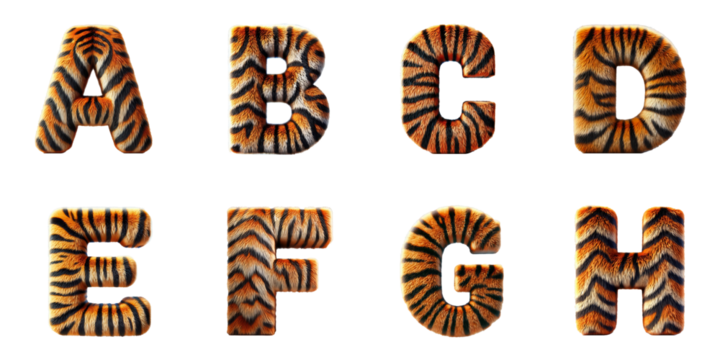 Typography Design with Tiger Texture: Stylized Alphabet Letters A, B, C, D, E, F, G, H with Tiger Fur Pattern