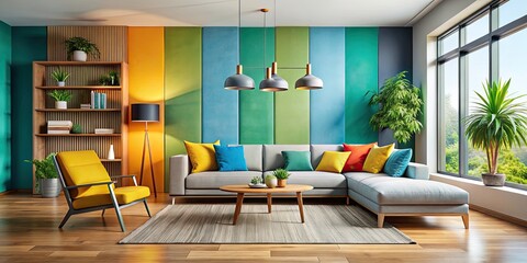 Colorful Minimalist Living Corner with Vibrant Decor and Ample Copy Space for Modern Interiors, Urban Exploration Photography, Home Design Inspiration, and Aesthetic Living Spaces