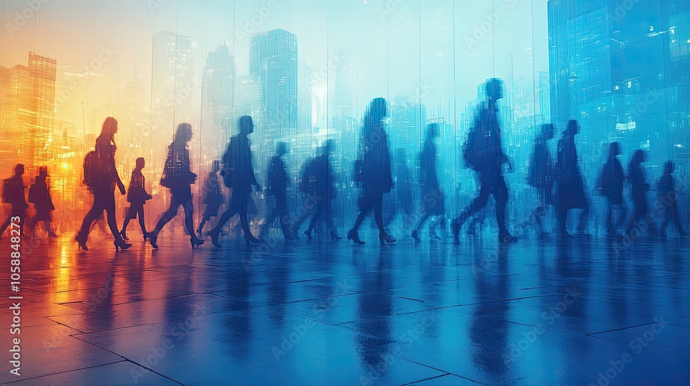 Poster silhouettes of people walking in the same direction in shades of blue, symbolizing unity and motion 