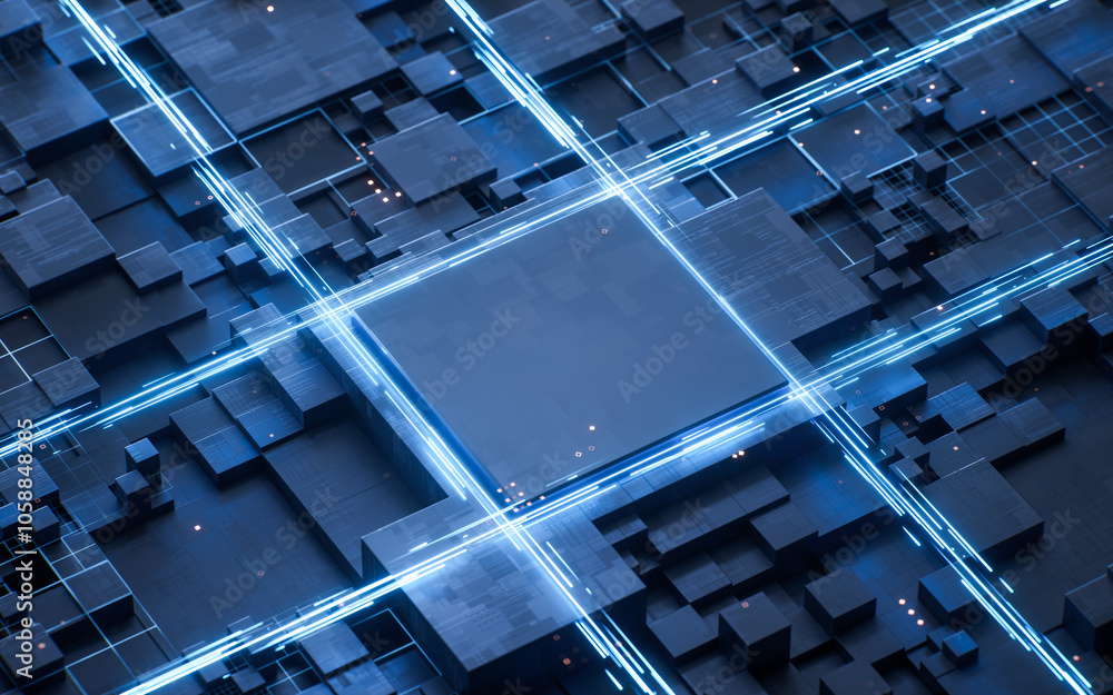 Poster technology circuit board and core, 3d rendering.