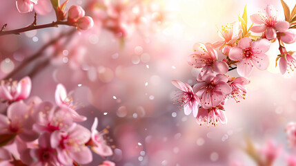 Fototapeta premium Sakura background with flower blossom and April floral nature on pink. Beautiful scene with a blooming tree. Easter Sunny day. Orchard abstract blurred background. Springtime.