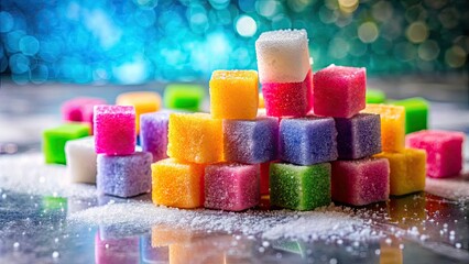 Colorful Sugar Cubes on Marble Background with Bokeh Effect - Vibrant, Sweet, and Eye-Catching Decor for Culinary and Beverage Photography
