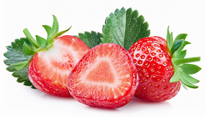 Strawberries isolated. Strawberry slice and whole on white background.  ai generated