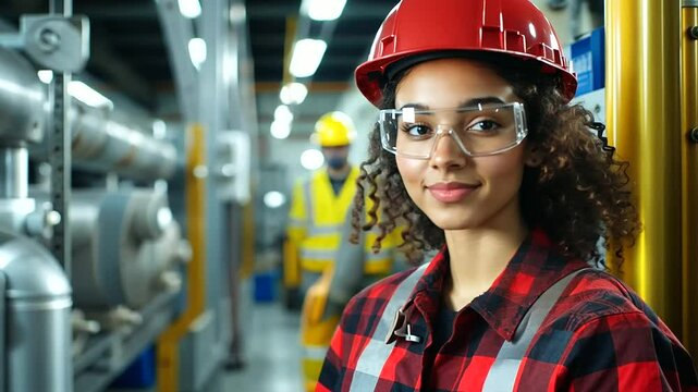 A young mixed-race apprentice standing next to industrial piping and electrical systems in a factory