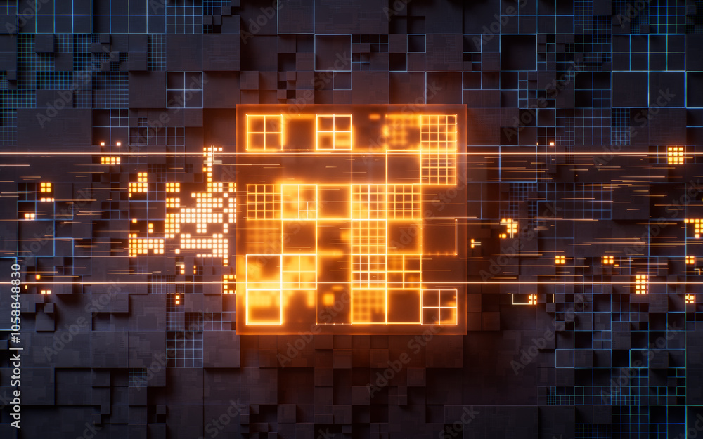 Aufkleber technology circuit board and core, 3d rendering.