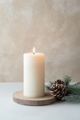 A candle is lit on a wooden base. The candle is white and the base is brown