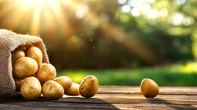 A bA sack filled with golden potatoes tipping over, releasing its contents across a weathered wooden surface