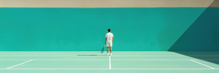 A man is standing on a tennis court holding a tennis racket. The court is empty and the man is looking at the wall
