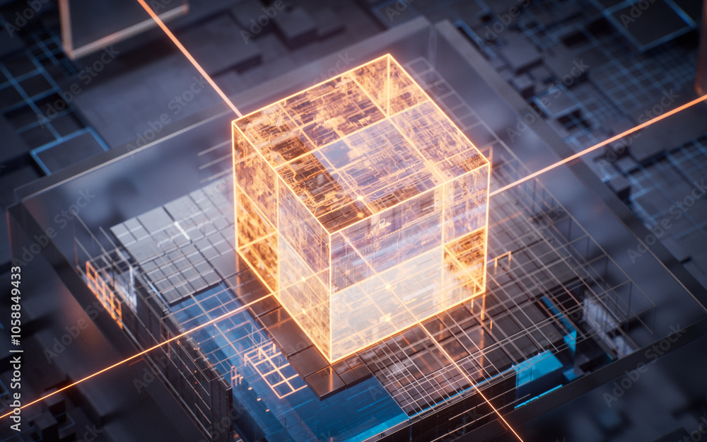 Poster technology circuit board and core, 3d rendering.