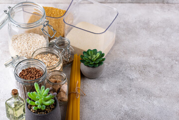 Zero waste storage concept with groats in jars