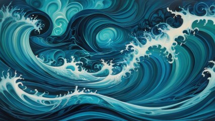 A mesmerizing abstract painting of ocean waves, showcasing vibrant blues and dynamic movement, perfect for evoking a tranquil seaside atmosphere in any space
