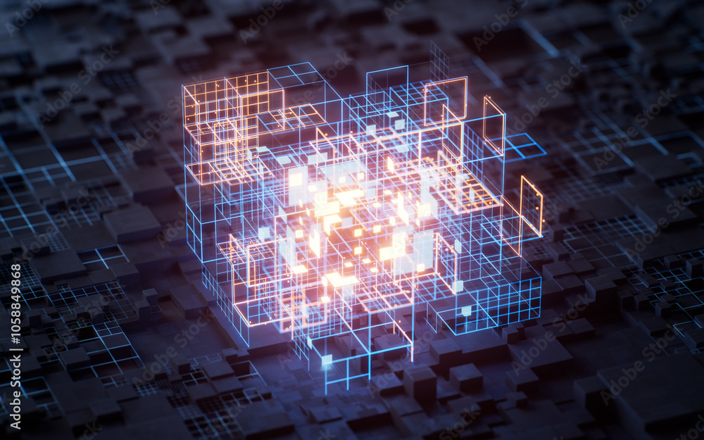 Poster technology circuit board and glowing lines, 3d rendering.