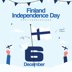 Finland Independence day. 6th December Independence day of Finland celebration banner with its flags, hands holding flags. The day recalls when country got freedom from Russia Empire in 1917. 