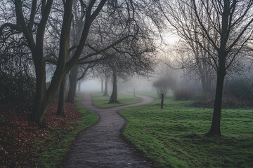 Obraz premium Misty morning walk along a winding path in a quiet park