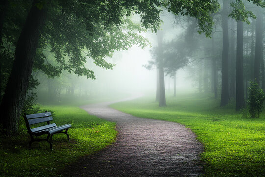 Serene pathway through misty forest in early morning light