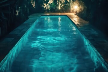 Obraz premium A large vintage private swimming pool seen at night with height and perspective.. the swimming pool is lit by underwater spotlights. Chiaroscuro and retro atmosphere.