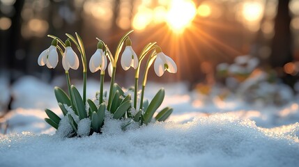 Snowdrops peeking through the snow in forest or garden, marking the first signs of spring, delicate floral scene perfect for Women's Day greeting cards or banners with space for message