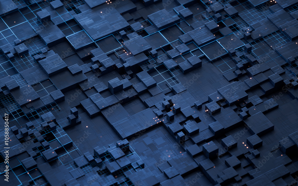 Poster metallic electronic cube circuit board, 3d rendering.