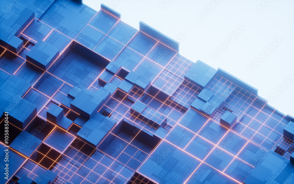 Poster metallic electronic cube circuit board, 3d rendering.