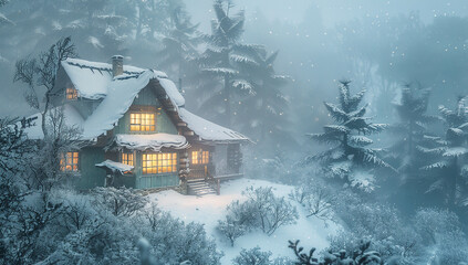 Naklejka premium House in snow, blue color theme, cozy environment