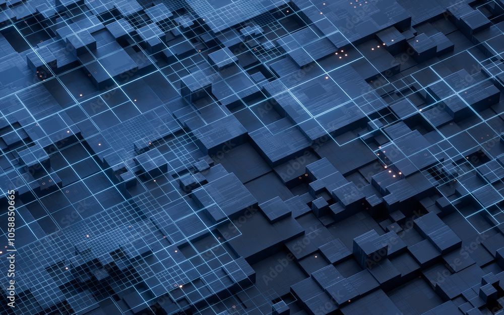 Poster metallic electronic cube circuit board, 3d rendering.