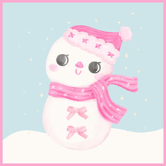 Coquette Christmas Snowman with pink scarf Pastel watercolor hand painting