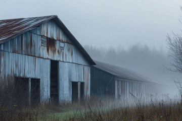 Obraz premium Foggy morning at an old barn in a rural landscape