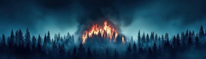Forest ablaze with vivid flames under a dramatic sky, highlighting the impact of wildfire on nature.