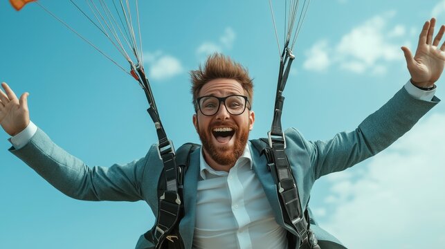 Joyful man wearing suit and glasses parachuting through clear blue sky with parachute cords visible