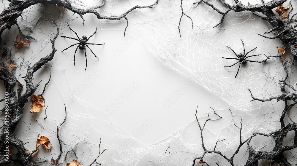 Poster spider webs hanging from the corners of an empty white background, creating simple illustration