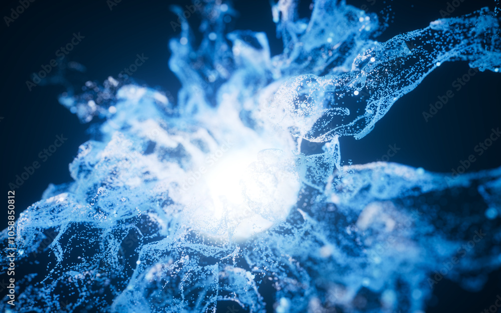 Aufkleber blue flowing particles with explosive wave effect, 3d rendering.
